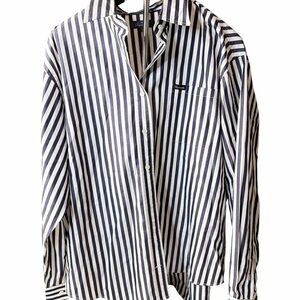 Faconnable Navy and White Striped Button Down Shirt with American Flag Patch